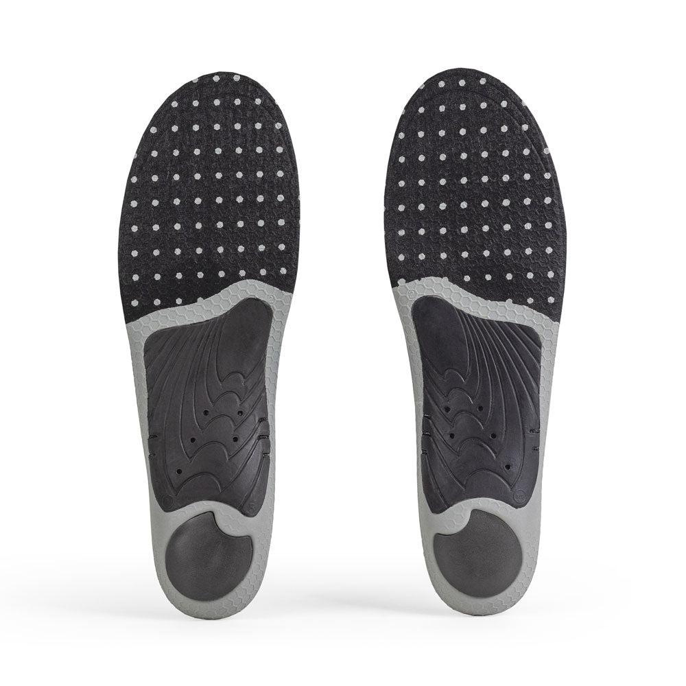 Base view of HOCKEYPRO low profile insole pair with black arch support, black heel pad, black forefoot cushioning with rivet protection #profile_low