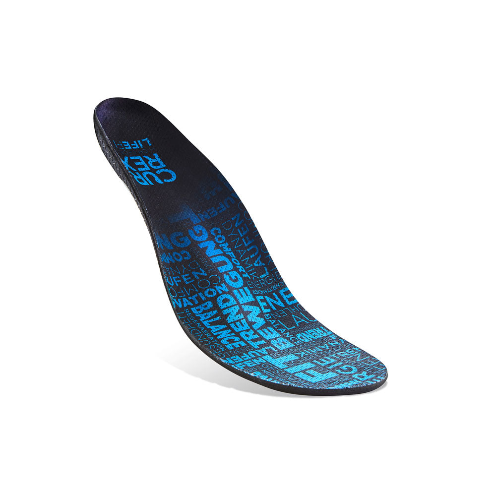 Floating top view of blue colored LIFEFIT high profile insoles with black, white, and blue base #profile_high