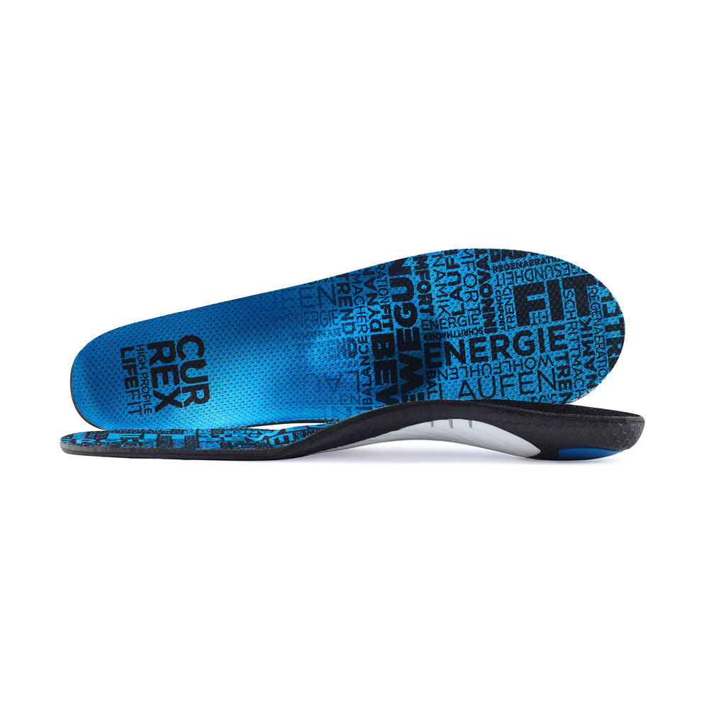 View of pair of blue high profile LIFEFIT insoles, one standing on side to show top of insole, second insole set in front showing its profile while toe is facing opposite direction #profile_high