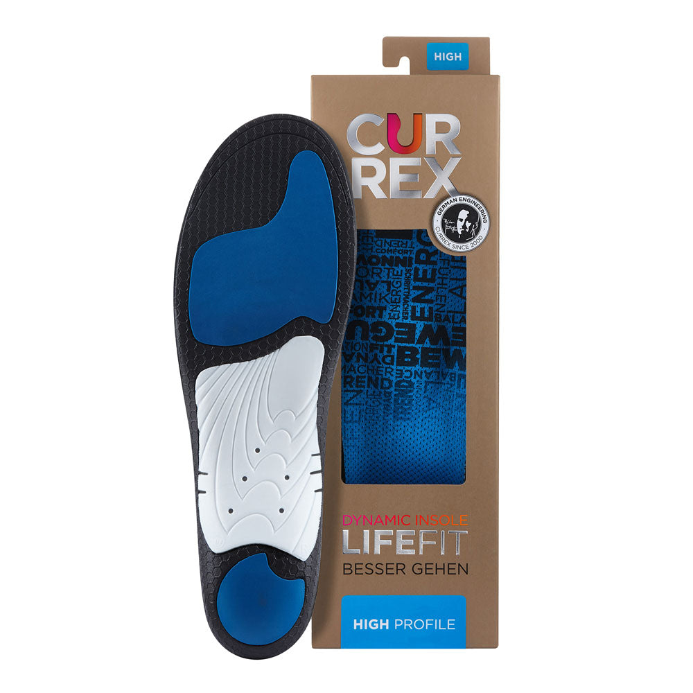 CURREX LIFEFIT insole with black, white, and blue base next to tan box with blue insole inside #profile_high