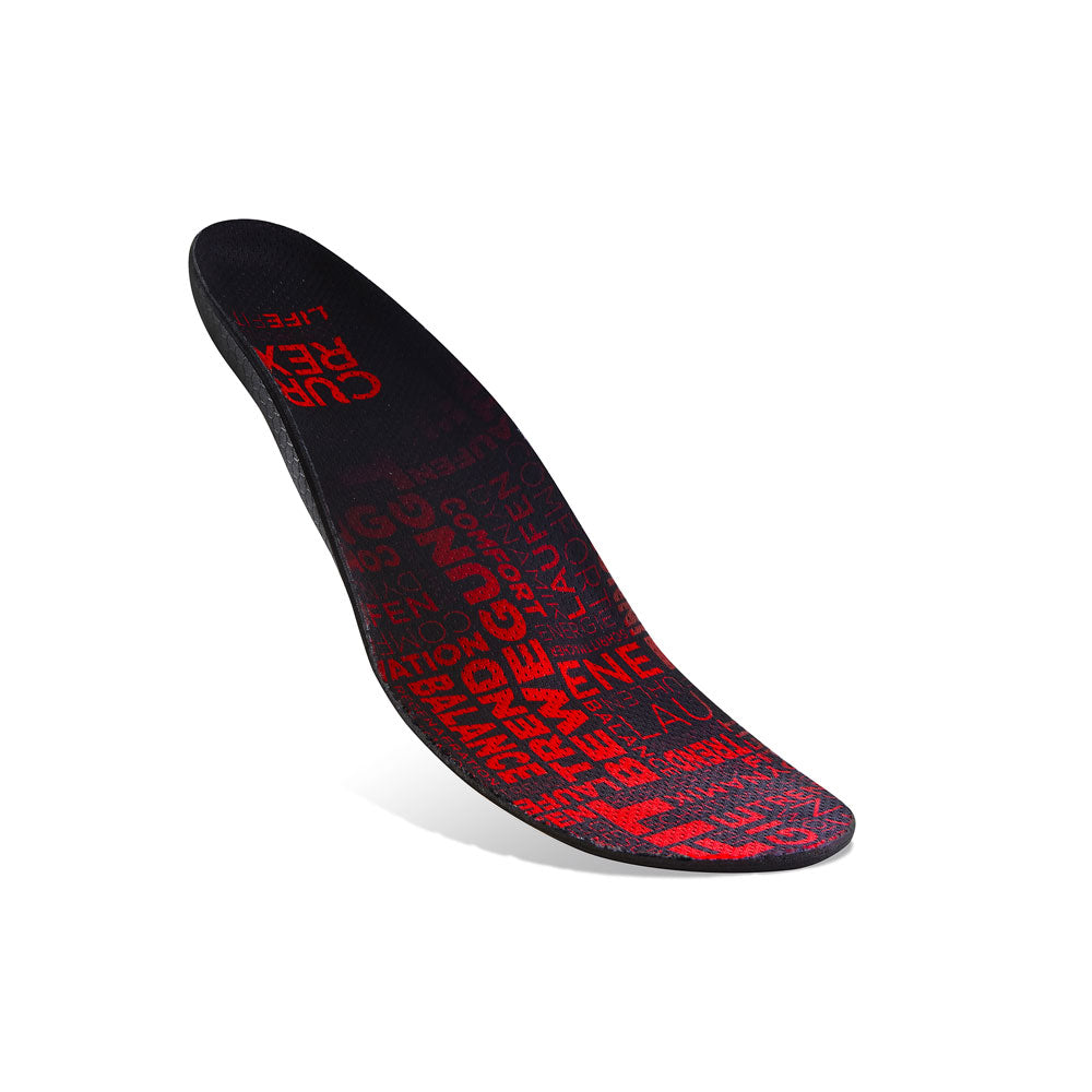 Floating top view of red colored LIFEFIT low profile insoles with black, white, and blue base #profile_low