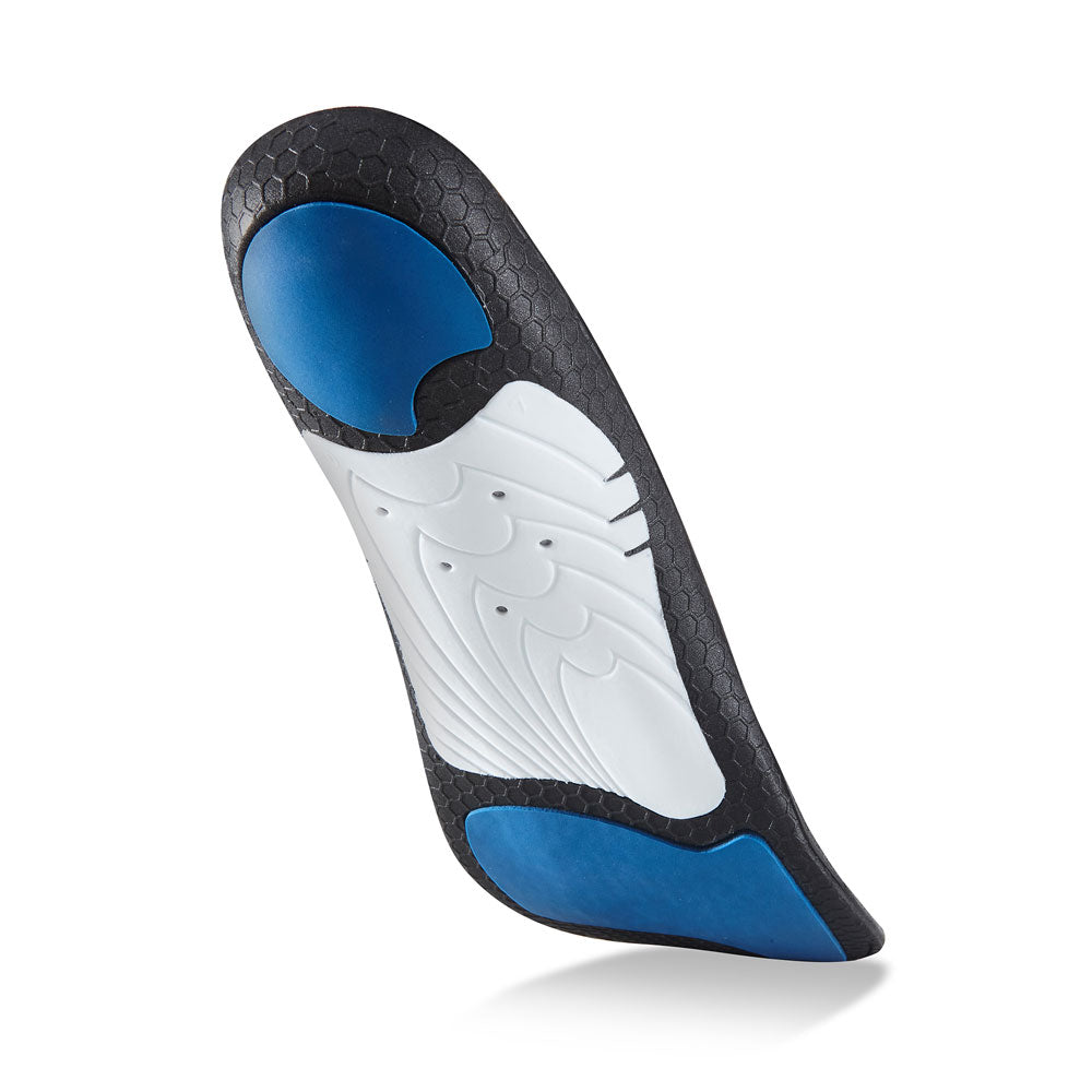 Floating base view of LIFEFIT low profile insoles with white arch support, blue heel pad, blue forefoot cushioning pad, black, white, and blue base #profile_low