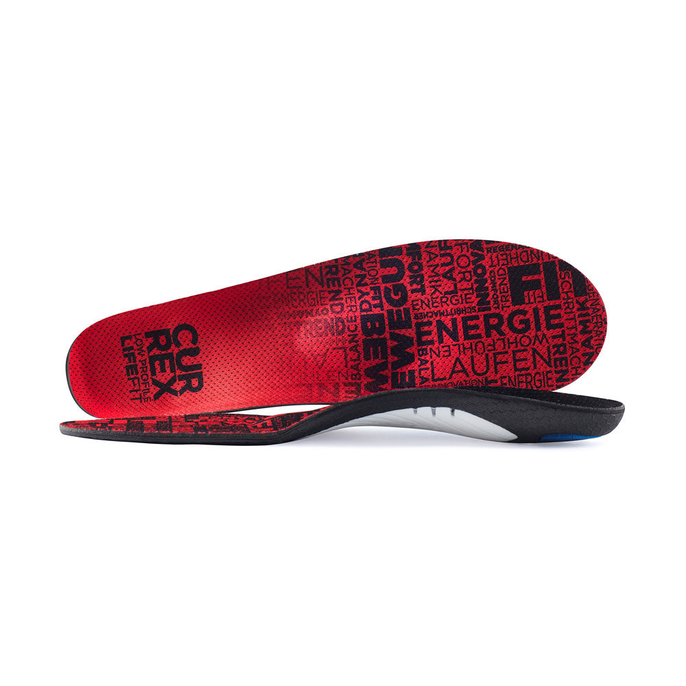 View of pair of red low profile LIFEFIT insoles, one standing on side to show top of insole, second insole set in front showing its profile while toe is facing opposite direction #profile_low