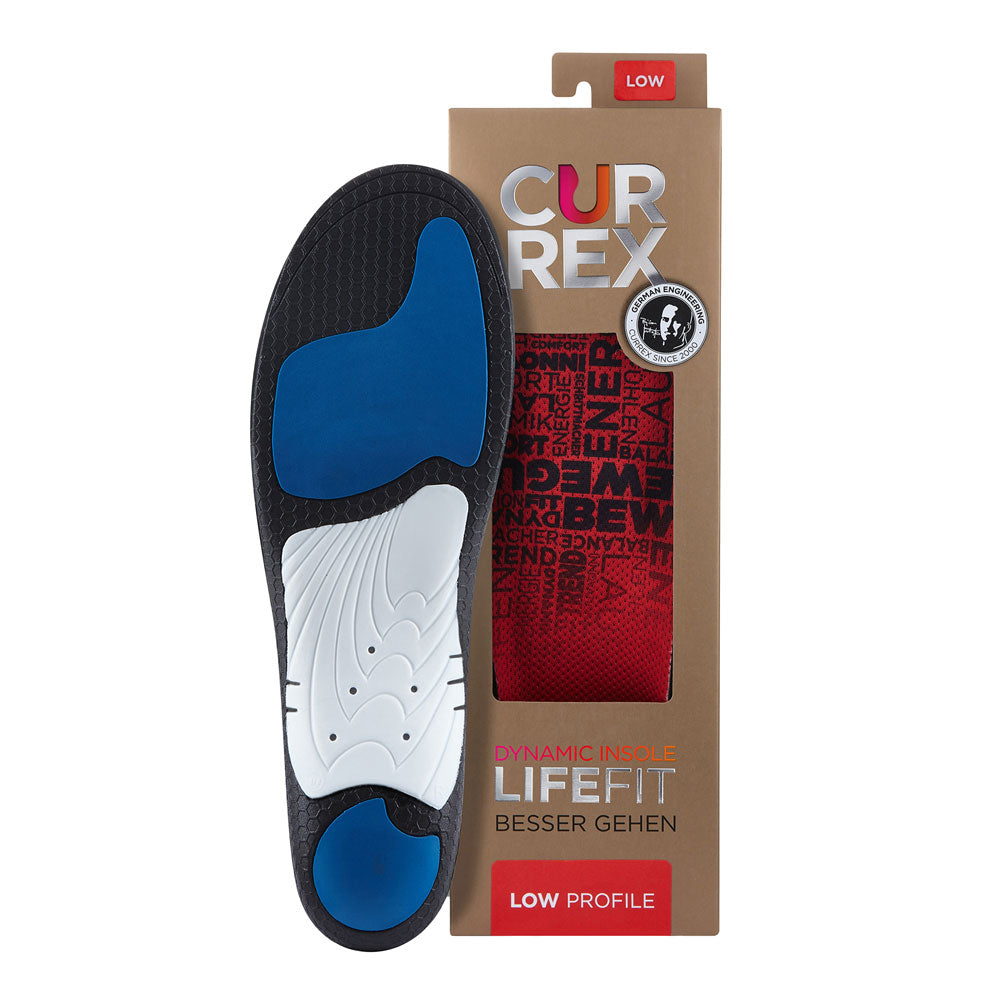 CURREX LIFEFIT insole with black, white, and blue base next to tan box with red insole inside #profile_low