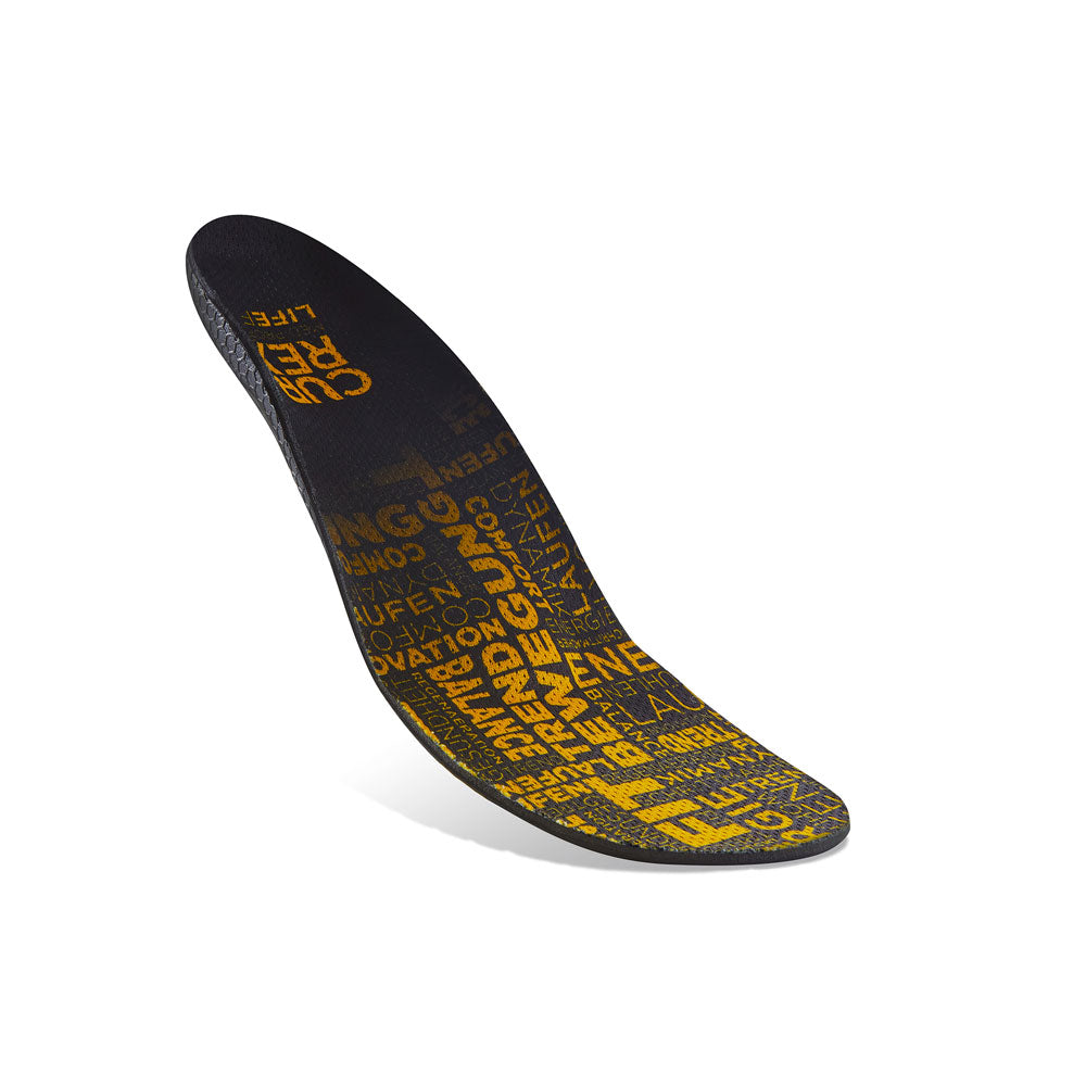 Floating top view of yellow colored LIFEFIT medium profile insoles with black, white, and blue base #profile_medium