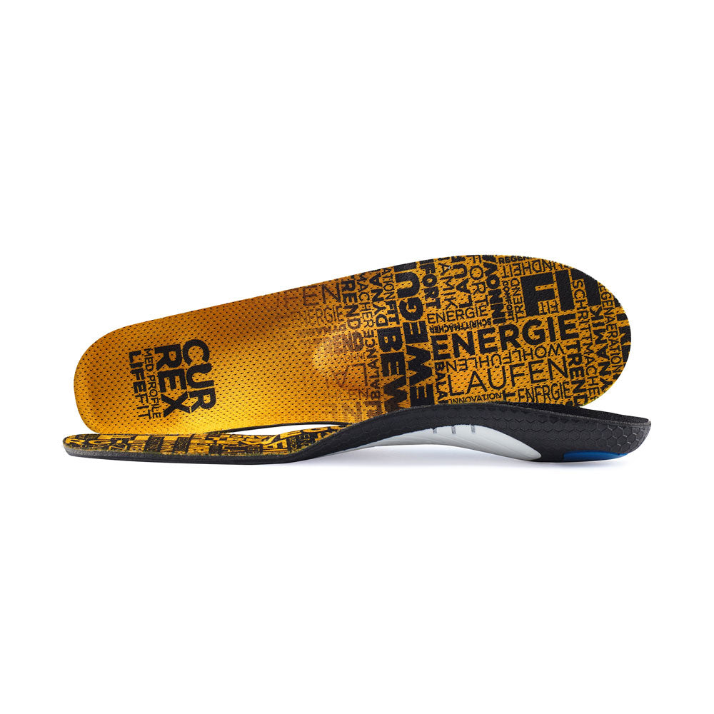 View of pair of yellow medium profile LIFEFIT insoles, one standing on side to show top of insole, second insole set in front showing its profile while toe is facing opposite direction #profile_medium