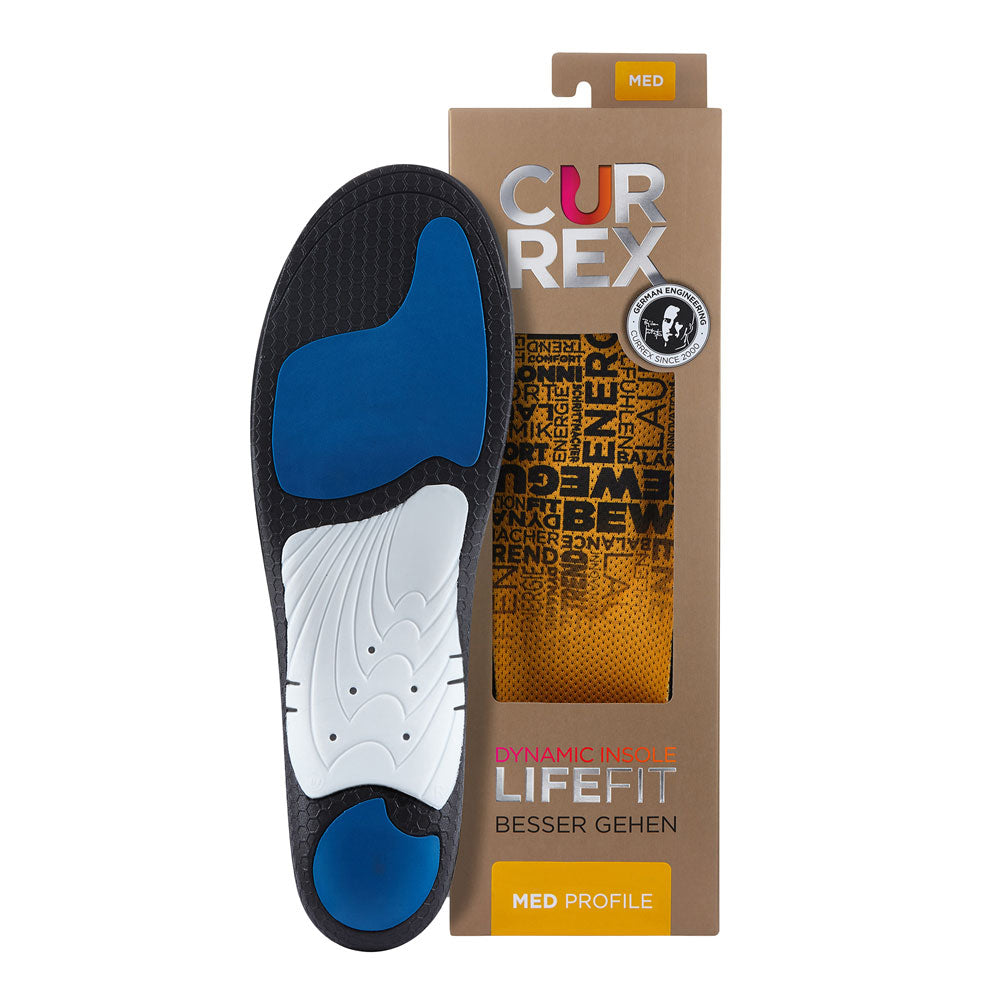 CURREX LIFEFIT insole with black, white, and blue base next to tan box with yellow insole inside #profile_medium