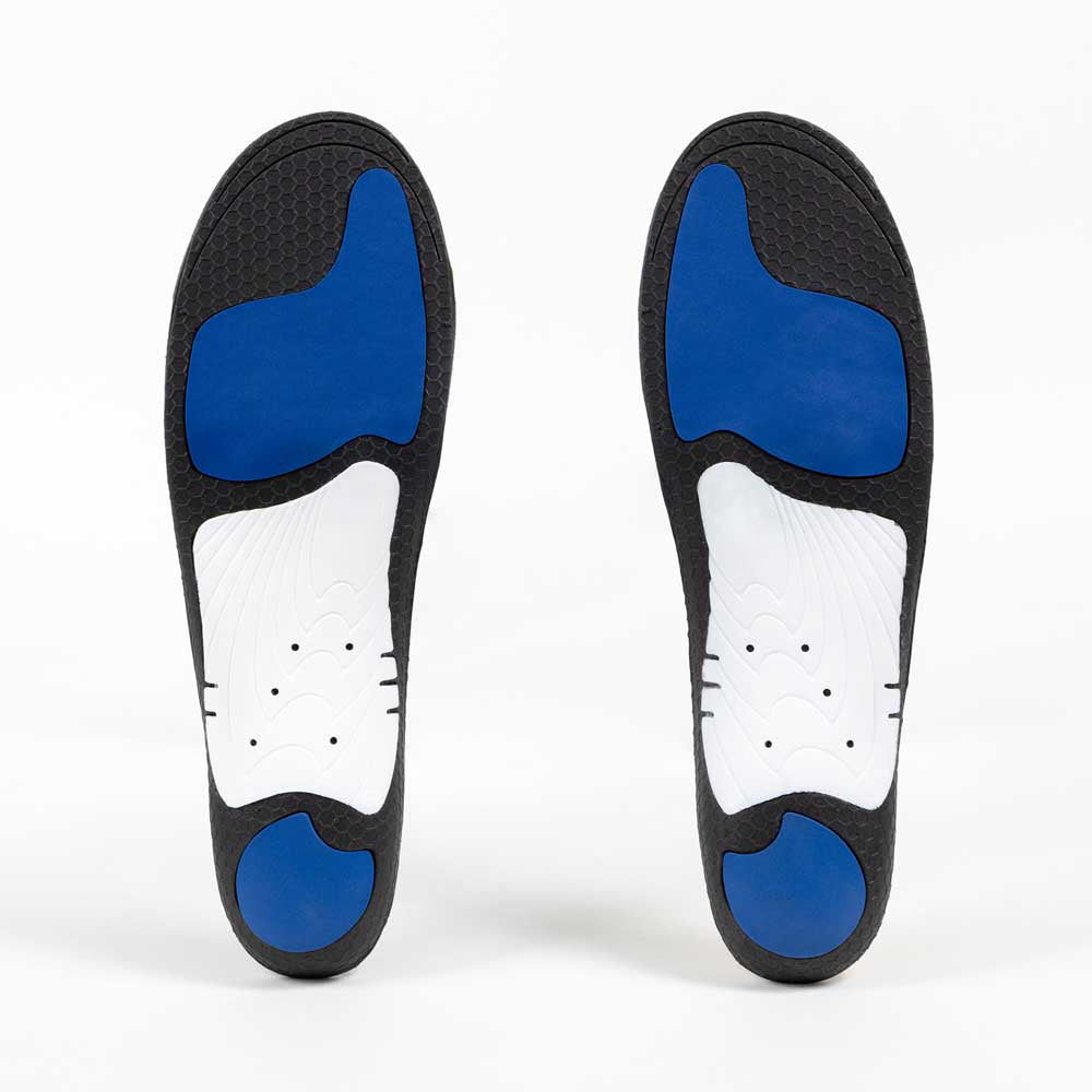 Base view of METPAD high profile insole pair with white arch support, blue heel pad, blue met pad, black base #profile_high