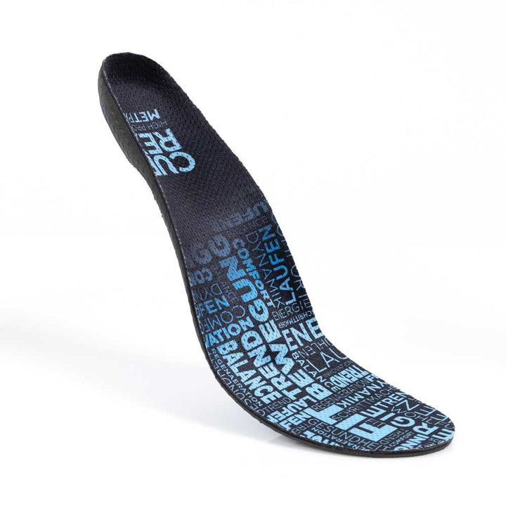 Floating top view of blue colored METPAD high profile insoles with black base #profile_high