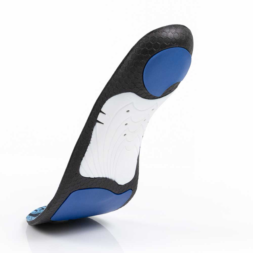 Floating base view of METPAD high profile insoles with white arch support, blue heel pad, blue met pad, black base #profile_high