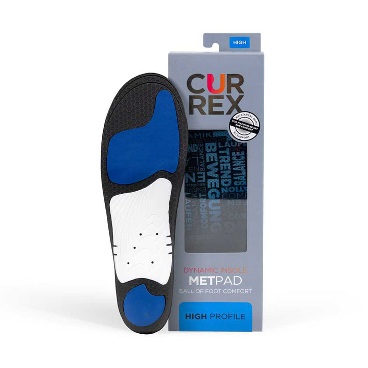 CURREX METPAD insole black, blue and white base next to gray box with blue insole inside #profile_high