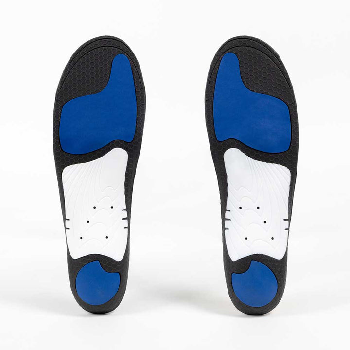 Base view of METPAD low profile insole pair with white arch support, blue heel pad, blue met pad, black base #profile_low