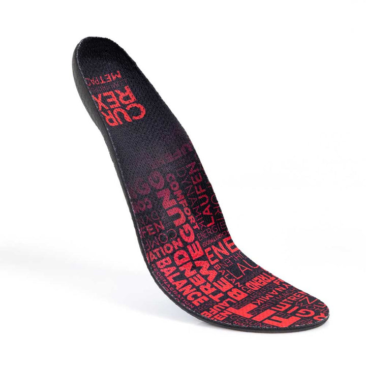 Floating top view of red colored METPAD low profile insoles with black base #profile_low