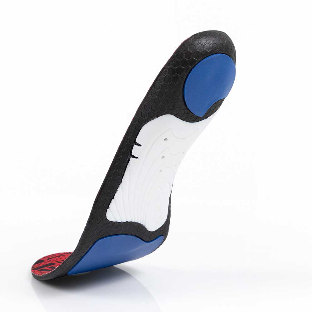Floating base view of METPAD low profile insoles with white arch support, blue heel pad, blue met pad, black base #profile_low
