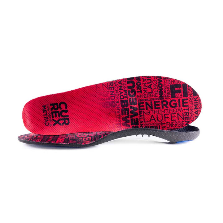View of pair of red low profile METPAD insoles, one standing on side to show top of insole, second insole set in front showing its profile while toe is facing opposite direction #profile_low
