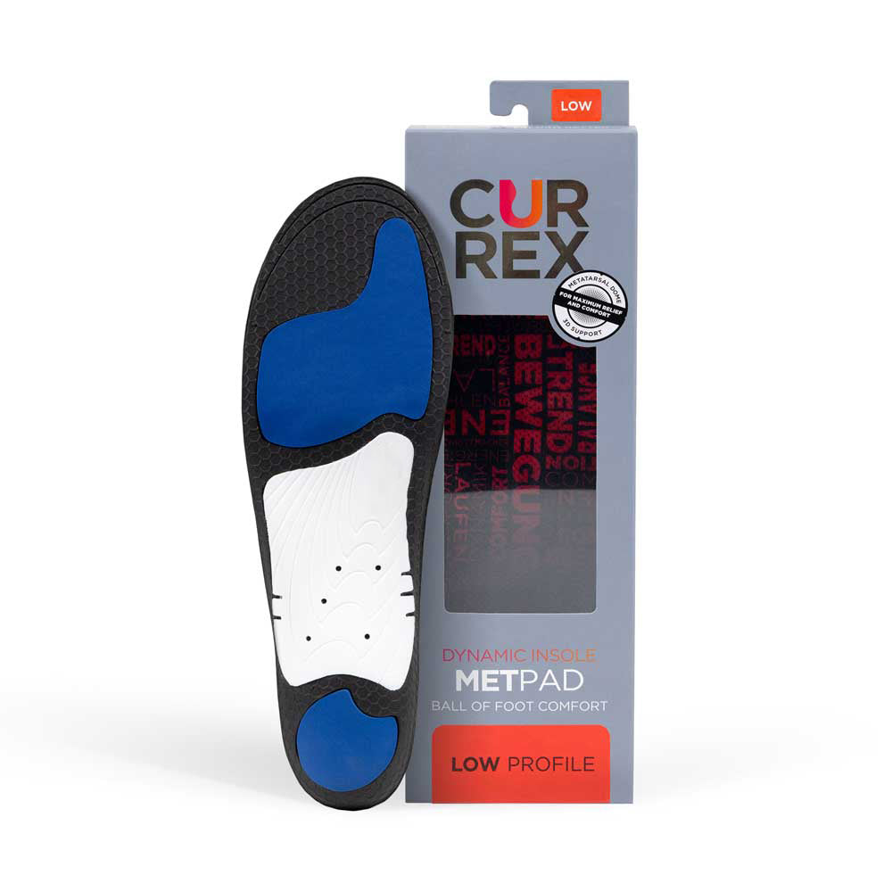 CURREX METPAD insole black, blue and white base next to gray box with red insole inside #profile_low