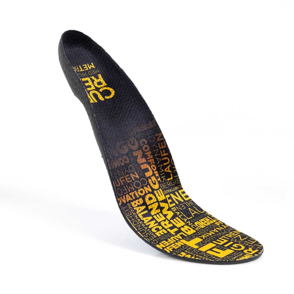 Floating top view of yellow colored METPAD medium profile insoles with black base #profile_medium