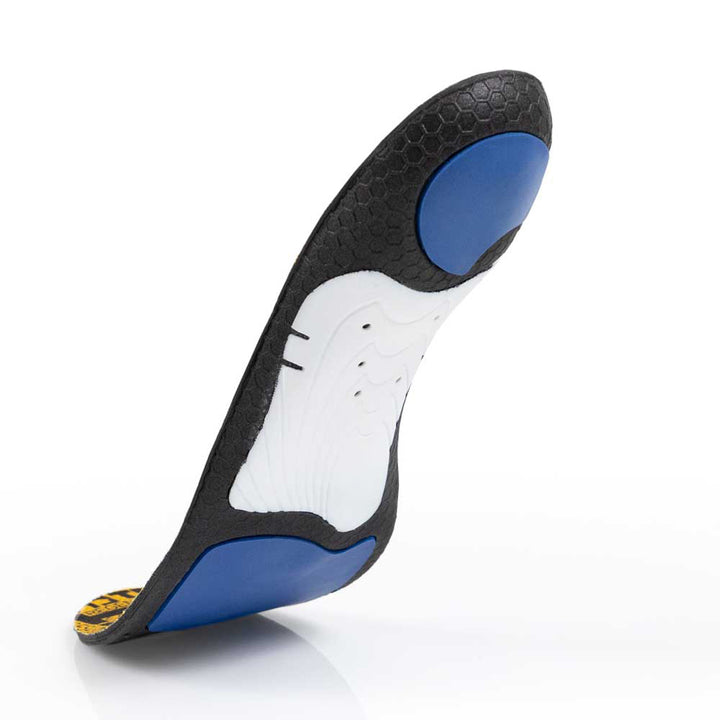 Floating base view of METPAD medium profile insoles with white arch support, blue heel pad, blue met pad, black base #profile_medium