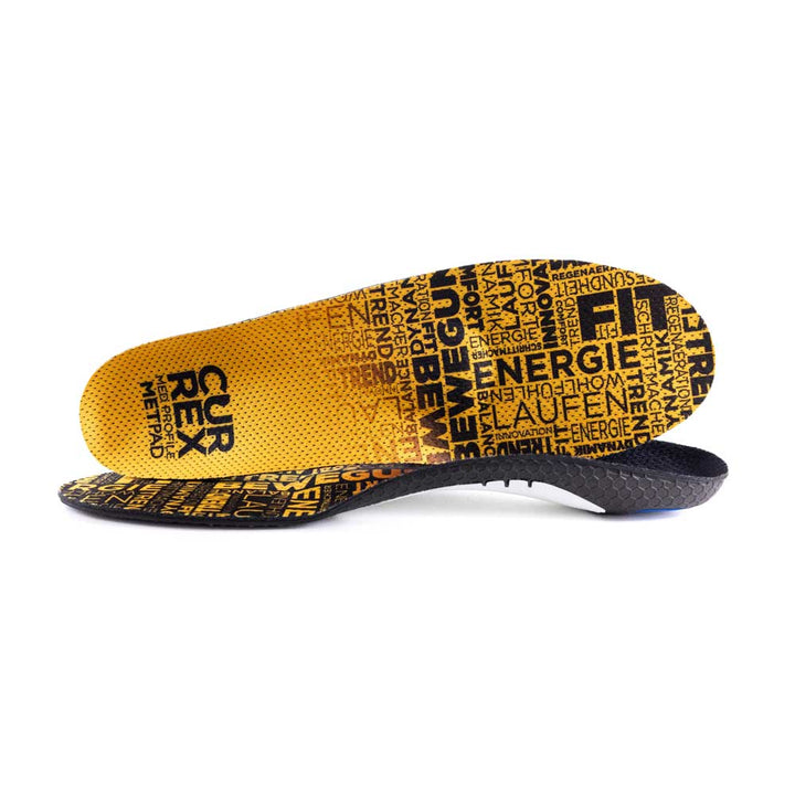 View of pair of yellow medium profile METPAD insoles, one standing on side to show top of insole, second insole set in front showing its profile while toe is facing opposite direction #profile_medium