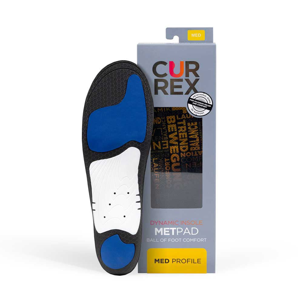 CURREX METPAD insole black, blue and white base next to gray box, with yellow insole inside #profile_medium