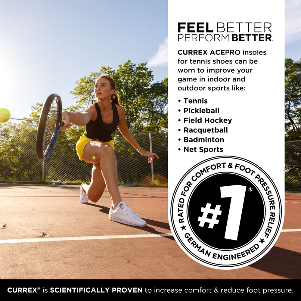 FEEL BETTER PERFORM BETTER™
CURREX ACEPRO insoles for tennis shoes can be worn to improve your game in indoor and outdoor sports like: Tennis, Pickleball, Field Hockey, Racquetball, Badminton, Net Sports.
Rated #1 for comfort & foot pressure relief, German engineered.
CURREX® is SCIENTIFICALLY PROVEN to increase comfort & reduce foot pressure. #profile_medium