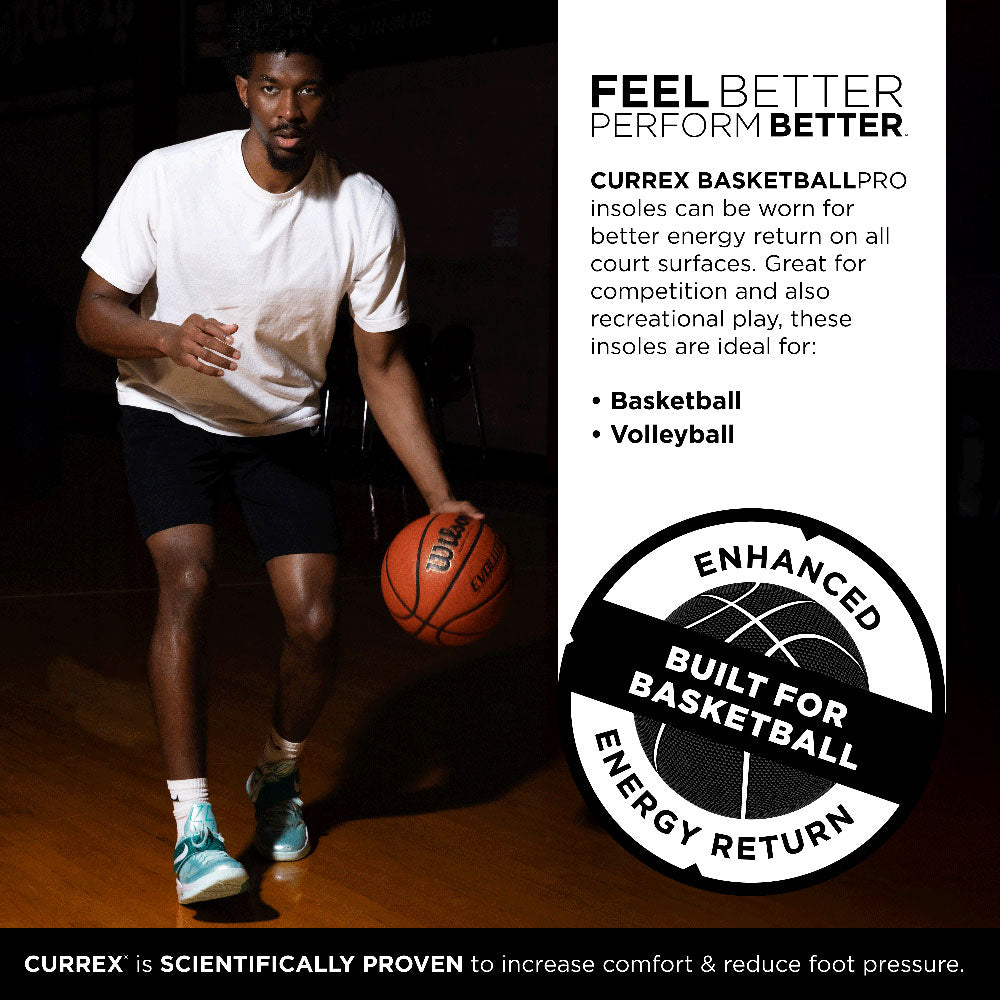 FEEL BETTER PERFORM BETTER™
CURREX BASKETBALLPRO insoles can be worn for better energy return on all court surfaces. Great for competition and also recreational play, these insoles are ideal for basketball & volleyball.
Enhanced energy return built for basketball.
CURREX® is SCIENTIFICALLY PROVEN to increase comfort & reduce foot pressure.  #profile_medium