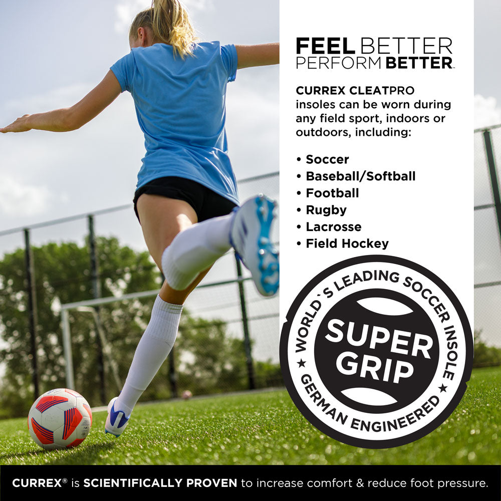 FEEL BETTER PERFORM BETTER™
CURREX CLEATPRO insoles can be worn during any field sport, indoors or outdoors, including: Soccer, Baseball/Softball, Football, Rugby, Lacrosse, Field Hockey
World’s Leading Soccer Insoles with Super Grip technology, German Engineered.
CURREX® is SCIENTIFICALLY PROVEN to increase comfort & reduce foot pressure. #profile_low