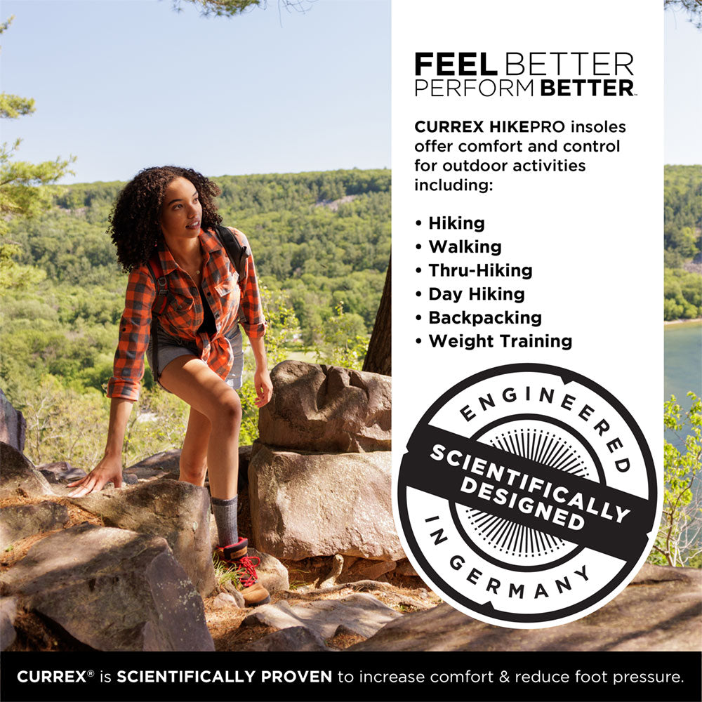 FEEL BETTER PERFORM BETTER™
CURREX HIKEPRO insoles offer comfort and control for outdoor activities including: Hiking, Walking, Thru-Hiking, Day Hiking, Backpacking, Weight Training
Engineered and scientifically designed in Germany.
CURREX® is SCIENTIFICALLY PROVEN to increase comfort & reduce foot pressure. #profile_medium