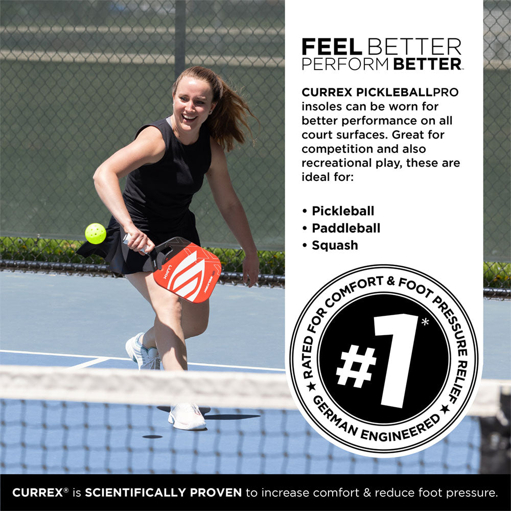 FEEL BETTER PERFORM BETTER™
CURREX PICKLEBALLPRO insoles can be worn for better performance on all court surfaces. Great for competition and also recreational play, these are ideal for: Pickleball, Paddleball, Squash
Rated #1 for comfort & foot pressure relief. Engineered and scientifically designed in Germany.
CURREX® is SCIENTIFICALLY PROVEN to increase comfort & reduce foot pressure.  #profile_medium