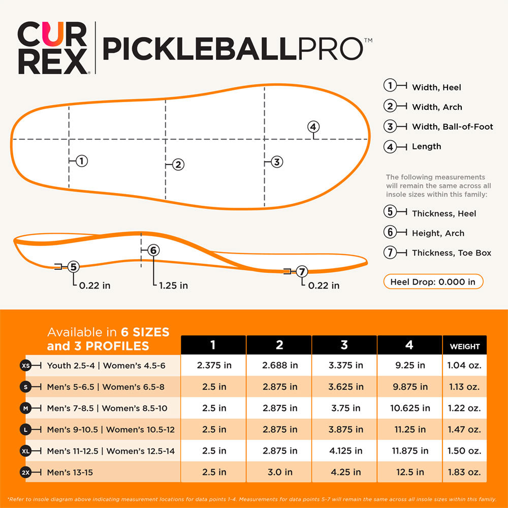 CURREX PICKLEBALLPRO shoe measurement chart with dimensions and weight details #profile_medium