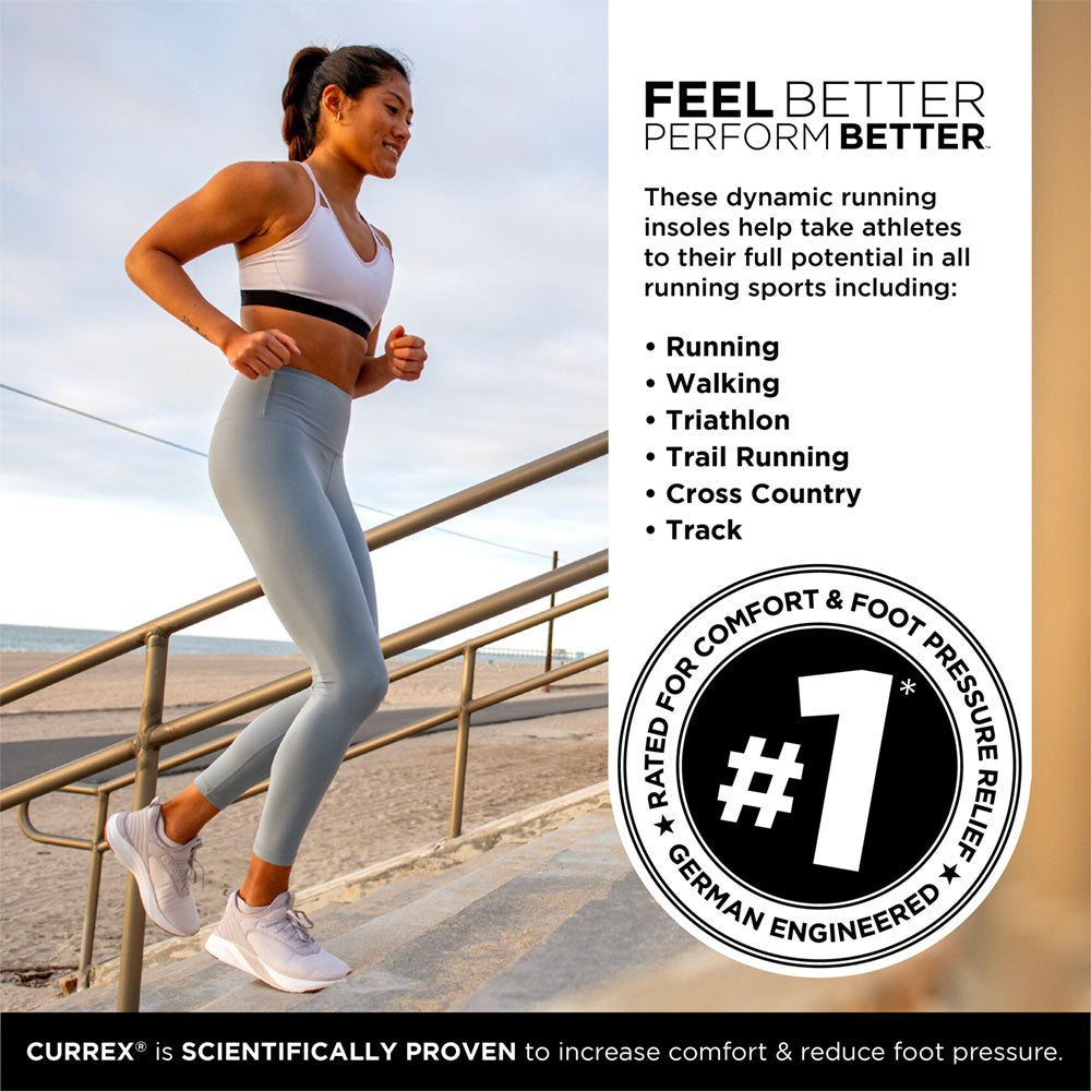 FEEL BETTER PERFORM BETTER™
CURREX RUNPRO dynamic running insoles help take athletes to their full potential in all running sports including: Running, Walking, Triathlon, Trail Running, Cross Country, Track
Rated #1 for comfort & foot pressure relief. Engineered and scientifically designed in Germany.
CURREX® is SCIENTIFICALLY PROVEN to increase comfort & reduce foot pressure. #profile_medium
