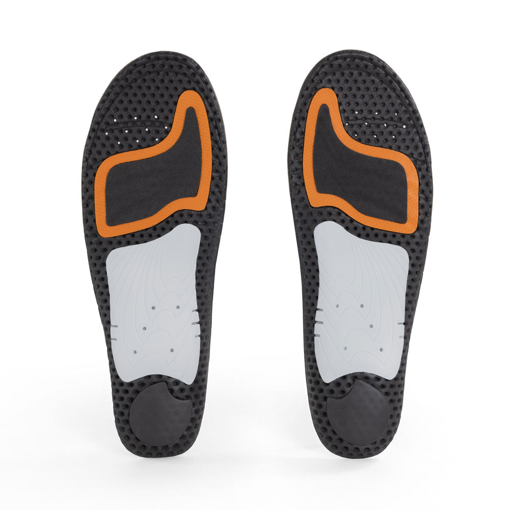 Base view of PICKLEBALLPRO high profile insole pair with white arch support, black heel pad, orange outlined met pad with black center, black base #profile_high