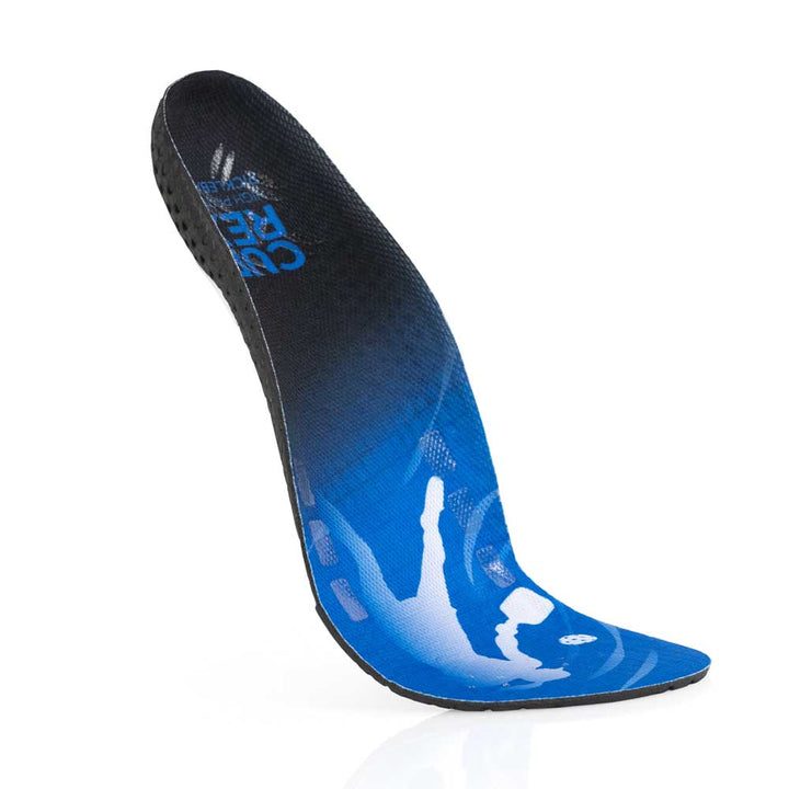 Floating top view of blue colored PICKLEBALLPRO high profile insoles with black base #profile_high