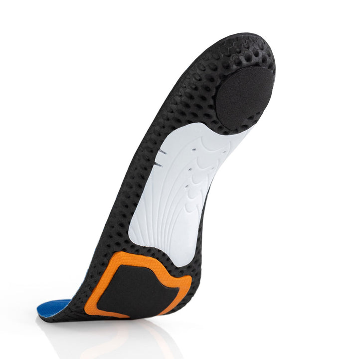 Floating base view of PICKLEBALLPRO high profile insoles with white arch support, black heel pad, orange outlined met pad with black center, black base #profile_high