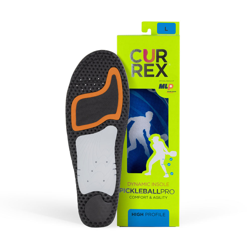 CURREX PICKLEBALLPRO insole black, orange and white base next to lime green box with blue insole inside #profile_high