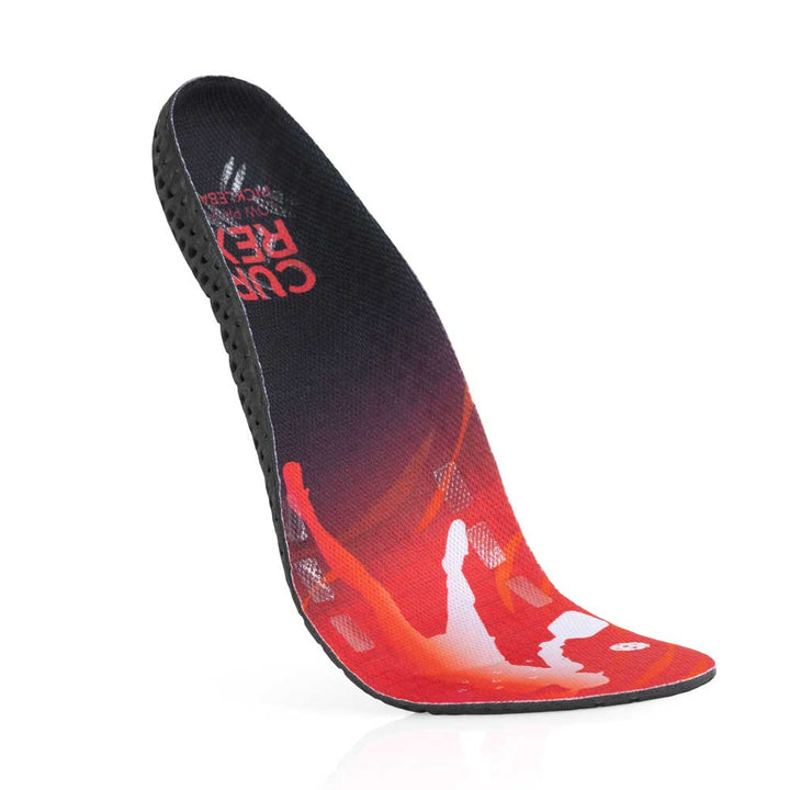 Floating top view of red colored PICKLEBALLPRO low profile insoles with black base #profile_low