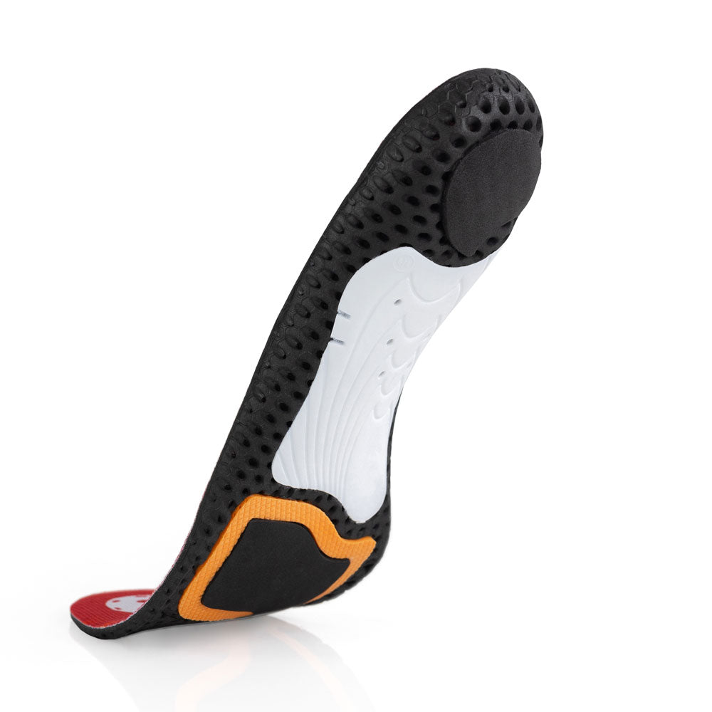 Floating base view of PICKLEBALLPRO low profile insoles with white arch support, black heel pad, orange outlined met pad with black center, black base #profile_low