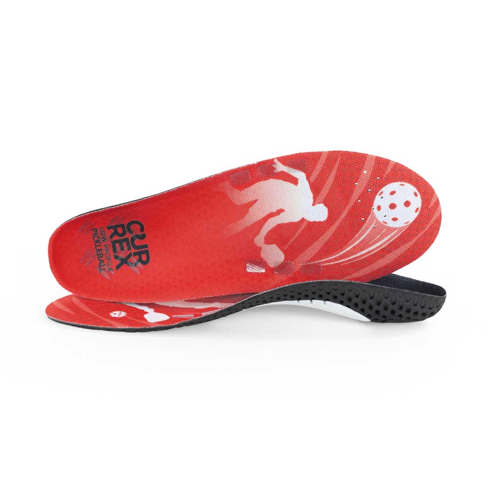 View of pair of red low profile PICKLEBALLPRO insoles, one standing on side to show top of insole, second insole set in front showing its profile while toe is facing opposite direction #profile_low