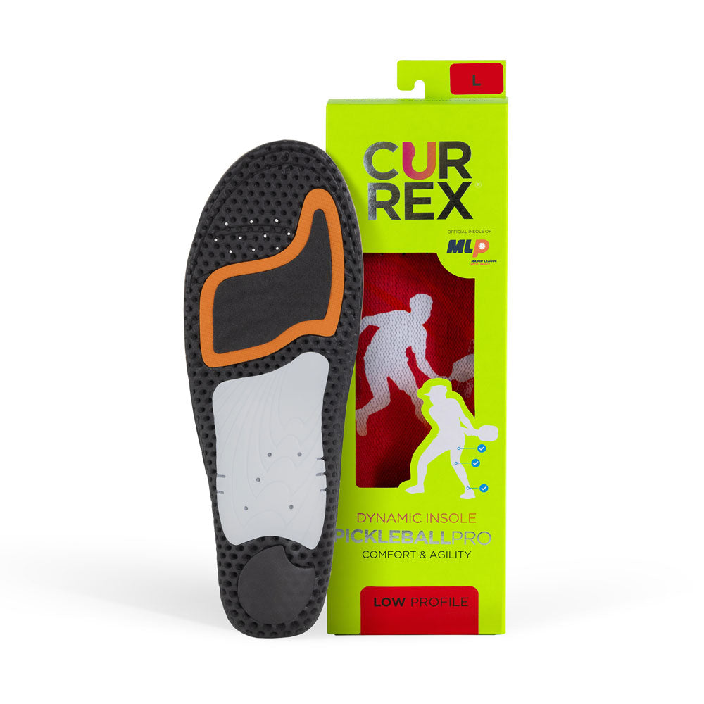 CURREX PICKLEBALLPRO insole black, orange and white base next to lime green box with red insole inside #profile_low
