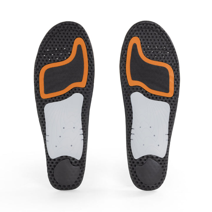 Base view of PICKLEBALLPRO medium profile insole pair with white arch support, black heel pad, orange outlined met pad with black center, black base #profile_medium