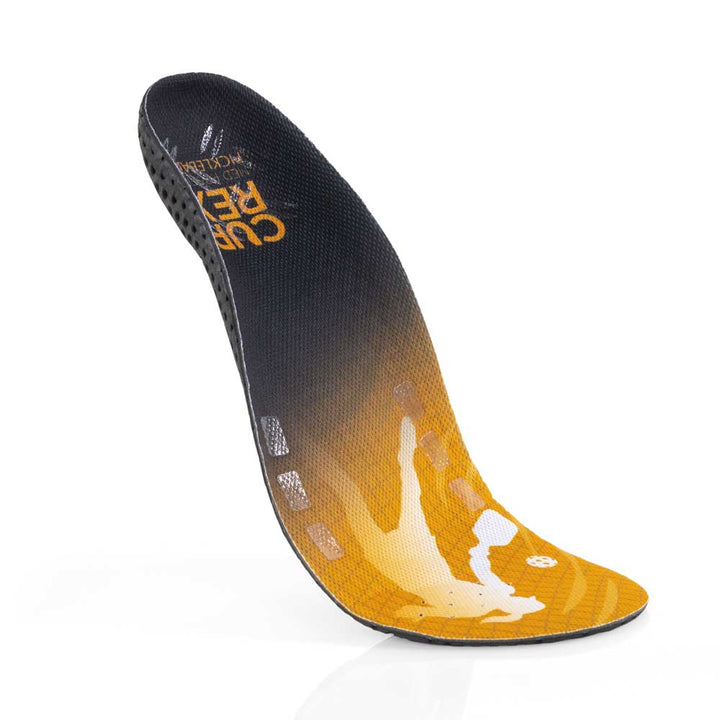 Floating top view of yellow colored PICKLEBALLPRO medium profile insoles with black base #profile_medium