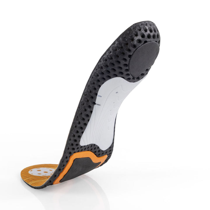 Floating base view of PICKLEBALLPRO medium profile insoles with white arch support, black heel pad, orange outlined met pad with black center, black base #profile_medium