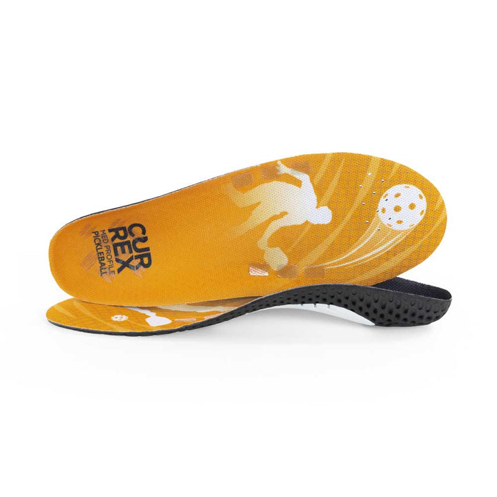 View of pair of yellow medium profile PICKLEBALLPRO insoles, one standing on side to show top of insole, second insole set in front showing its profile while toe is facing opposite direction #profile_medium