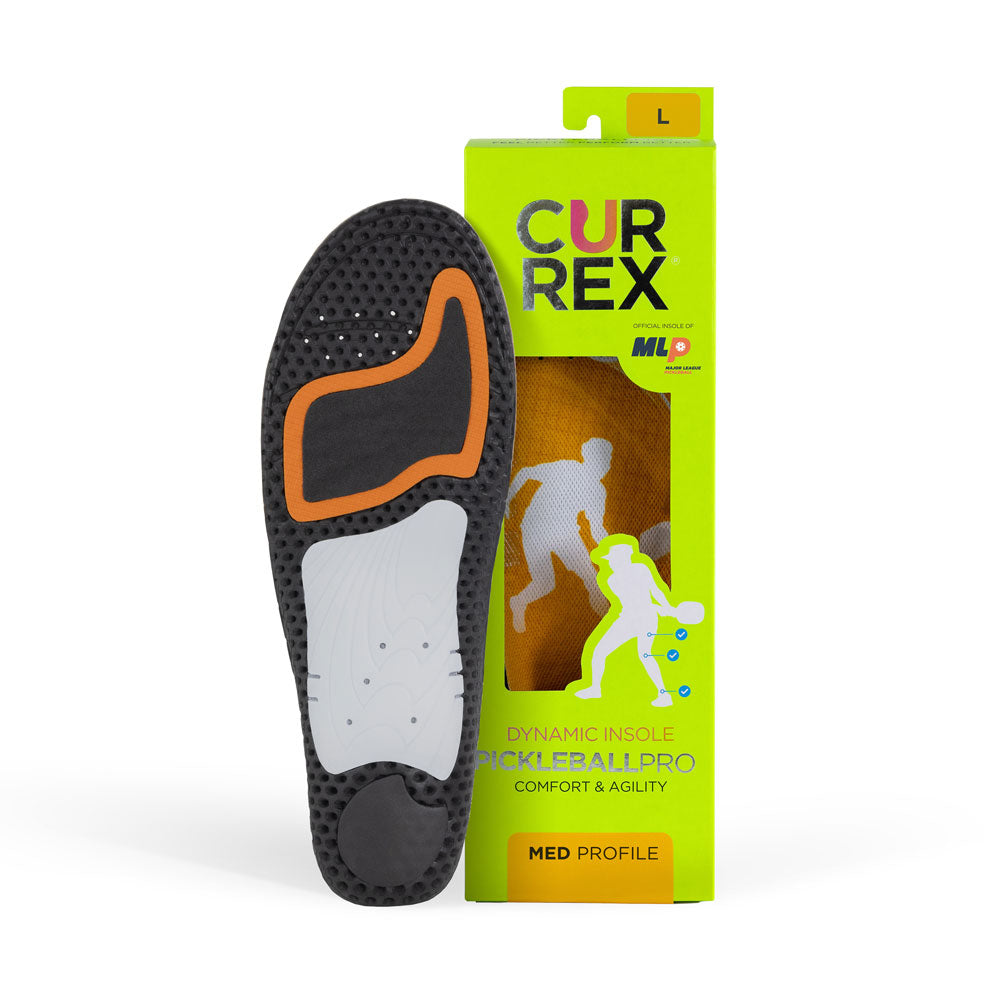 CURREX PICKLEBALLPRO insole black, orange and white base next to lime green box with yellow insole inside #profile_medium