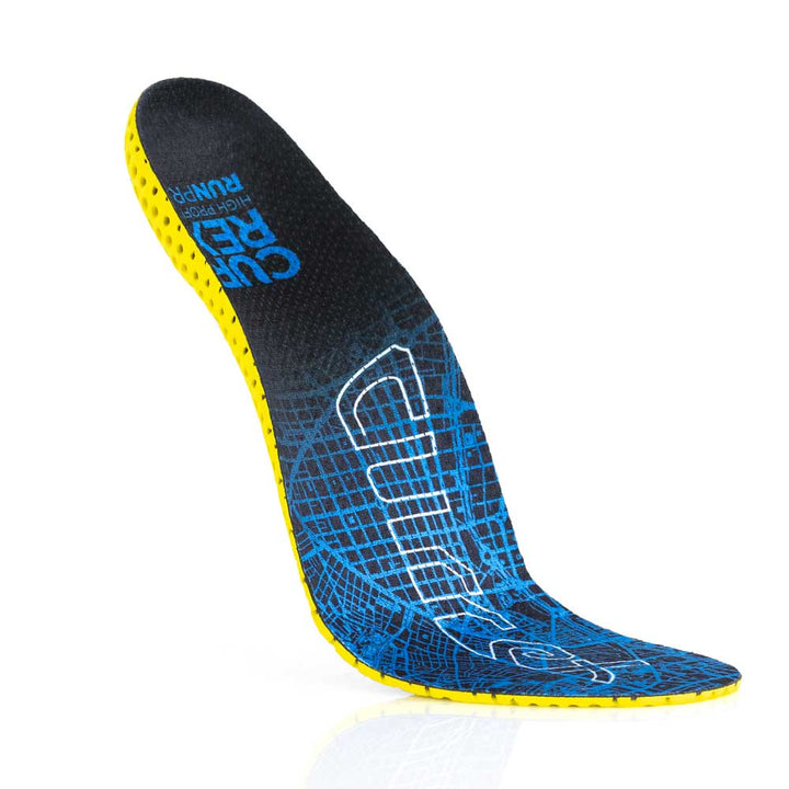 Floating top view of blue colored RUNPRO high profile insoles with yellow base #profile_high