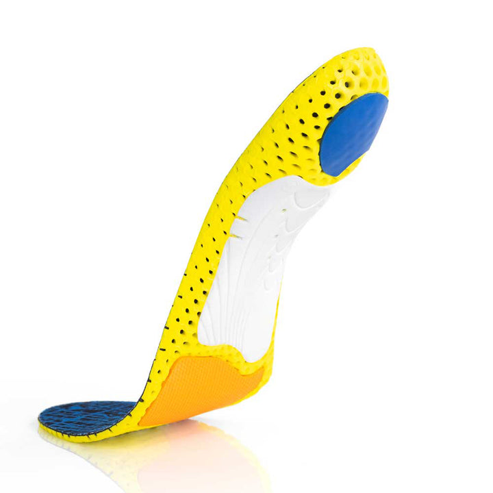 Floating base view of RUNPRO high profile insoles with white arch support, blue heel pad, orange met cushion, yellow base #profile_high