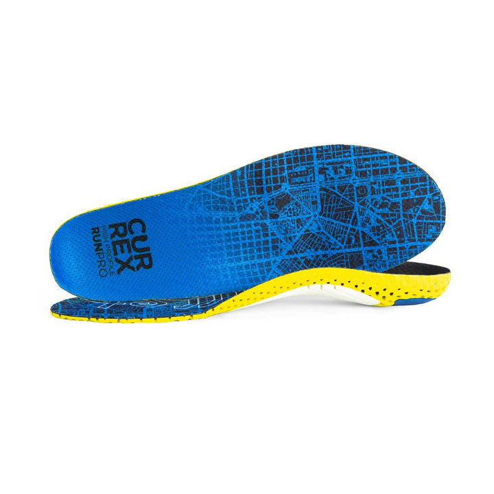 View of pair of blue high profile RUNPRO insoles, one standing on side to show top of insole, second insole set in front showing its profile while toe is facing opposite direction #profile_high