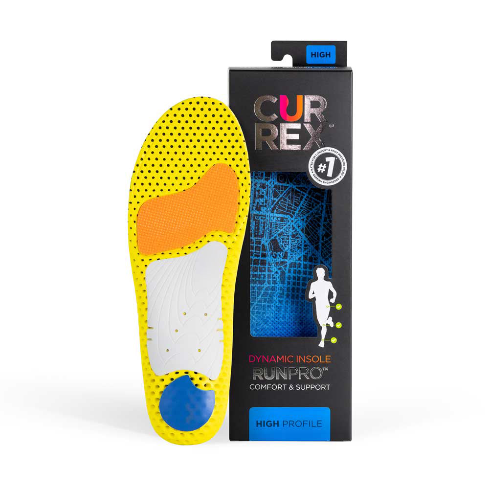CURREX RUNPRO insole yellow, orange, white and blue base next to black box with blue insole inside #profile_high