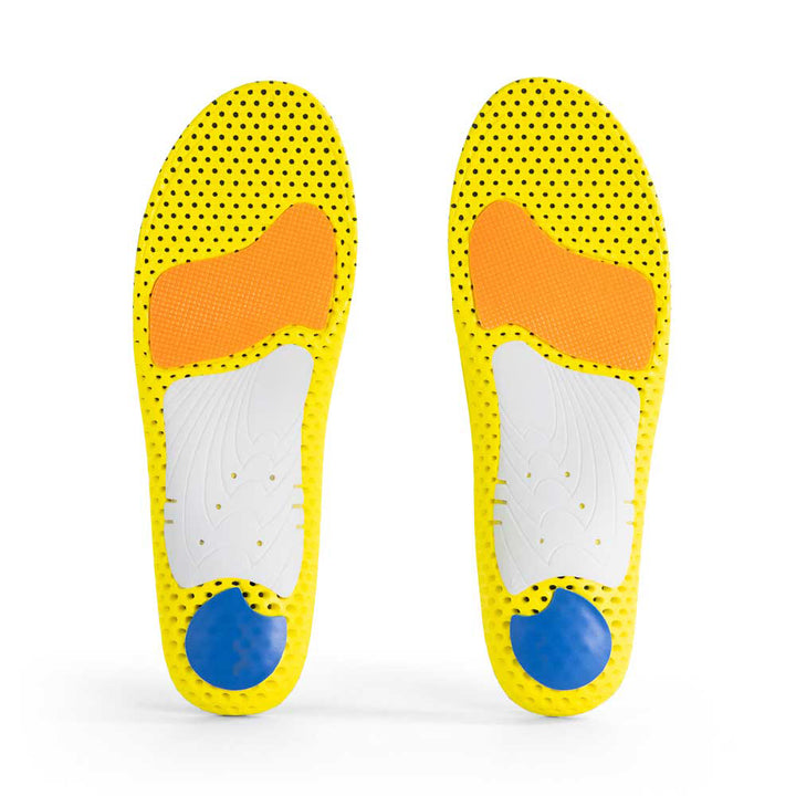 Base view of RUNPRO low profile insole pair with white arch support, blue heel pad, orange met cushion, yellow base #profile_low