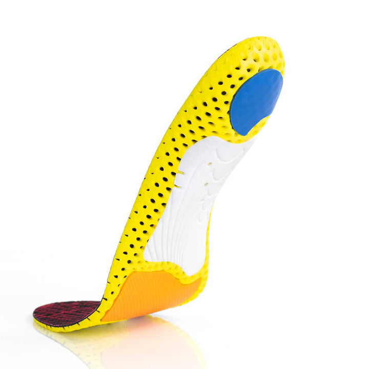 Floating base view of RUNPRO low profile insoles with white arch support, blue heel pad, orange met cushion, yellow base #profile_low
